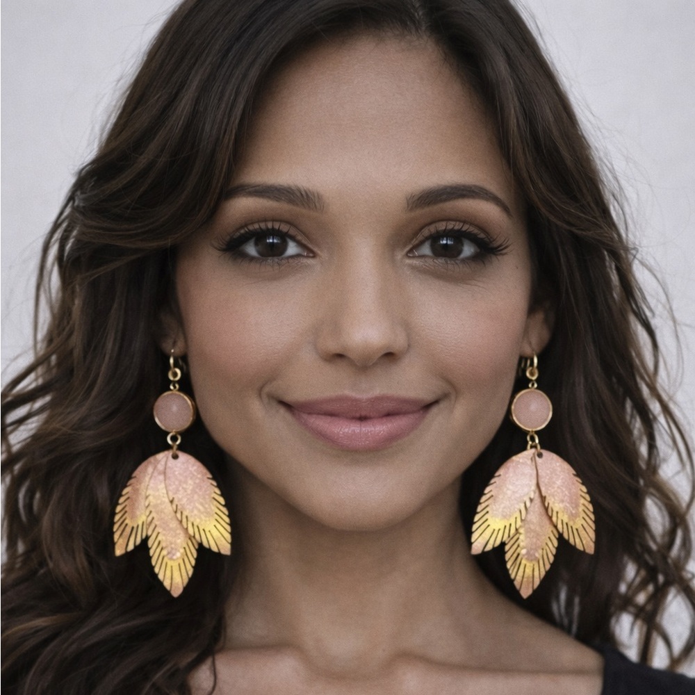 Handmade Gold & Blush Leather Leaf Statement Earrings | Lightweight